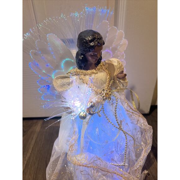Fiber Optic CHRISTMAS African American 12” Ceramic Angel Tree Topper Plug In - Picture 10 of 10